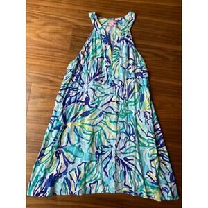 Lilly Pulitzer Essie Tank Dress Size Large, Blue Green Floral Mini Dress Cotton